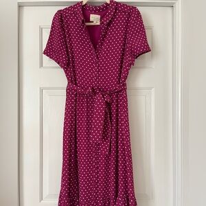 Sézane Dauphine Dress, size US 8 (FR 40), cream polka dots on prune background
